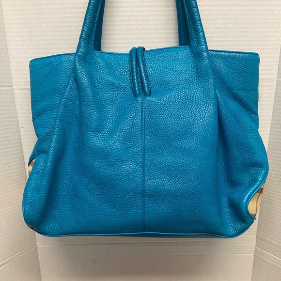 Burberry Turquoise Pebbled Leather Tote bag w/ Nova Check Sides - Picture 1 of 14